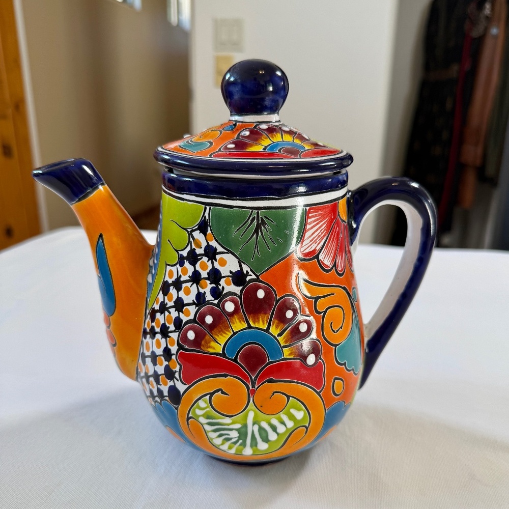 Vibrant Hand Painted Mexican Talavera Teapot Coffee Pot J